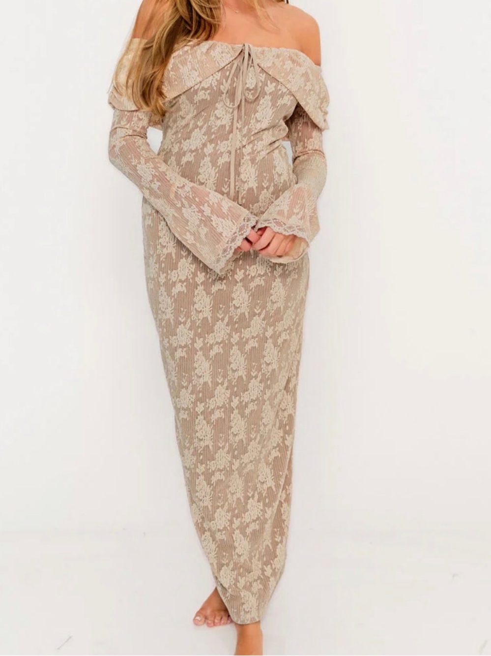 Off-Shoulder Lace Maxi Dress in Beige